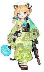 Rule 34 | 1girl, absurdres, alternate costume, animal ear headphones, animal ears, battle rifle, belt pouch, blonde hair, blue archive, blue bow, bow, cat ear headphones, closed mouth, commentary, fake animal ears, full body, geta, green eyes, gun, h&amp;k g3, hair bow, halo, hand fan, headphones, highres, holding, holding fan, japanese clothes, kimono, looking at viewer, medium hair, menthako, midori (blue archive), nintendo, no socks, obi, obijime, paper fan, pouch, print kimono, rifle, sandals, sash, scope, simple background, solo, standing, straight-on, symbol-only commentary, tail, the legend of zelda, the legend of zelda: breath of the wild, the legend of zelda: tears of the kingdom, uchiwa, weapon, white background, yukata, zouri