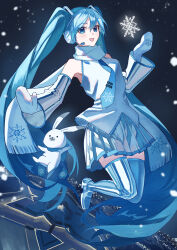 Rule 34 | 1girl, 1other, 6o2 (rokumaruni), absurdres, animal, bare shoulders, black background, blue eyes, blue hair, blue necktie, blue scarf, blurry, blurry background, commentary, detached sleeves, earmuffs, full body, glowing snowflake, grey skirt, grey sleeves, grey thighhighs, hair ornament, hakodate (city), hatsune miku, headset, highres, hokkaido, horizon, light blue hair, long hair, looking at viewer, midair, miniskirt, mittens, necktie, night, night sky, open mouth, outstretched arm, pleated skirt, rabbit, rabbit yukine, real world location, scarf, shiny clothes, shirt, skirt, sky, sleeveless, sleeveless shirt, smile, snow, snowflake print, snowing, star (sky), thighhighs, twintails, very long hair, vocaloid, white mittens, white scarf, white shirt, yuki miku, yuki miku (2011)