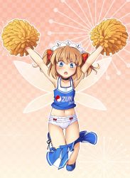 Rule 34 | 1girl, :o, accidental exposure, armpit peek, armpits, arms up, bare shoulders, black neckwear, blue footwear, blue shirt, blue skirt, blush, bow, checkered background, cheerleader, chima q, choker, clothes writing, collarbone, commentary request, fairy wings, fang, flat chest, full body, hair bow, hairband, highres, jumping, looking at viewer, midriff peek, navel, open mouth, orange background, orange hair, outline, panties, pants falling, pom pom (cheerleading), red bow, shirt, shoes, short hair, skirt, sleeveless, sleeveless shirt, sneakers, solo, sunny milk, touhou, two side up, underwear, wardrobe malfunction, white hairband, white outline, white panties, wings, yin yang