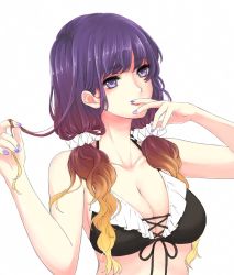 Rule 34 | 1girl, adapted costume, alternate hairstyle, bare shoulders, bikini, bikini top only, blonde hair, breasts, cleavage, collarbone, commentary, frilled bikini, frills, gradient hair, hand to own mouth, hijiri byakuren, holding, holding own hair, large breasts, long hair, mayoln, multicolored hair, nail polish, purple eyes, purple hair, purple nails, scrunchie, simple background, solo, swimsuit, touhou, twintails, two-tone hair, wavy hair, white background