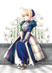 Rule 34 | 1girl, ahoge, armor, armored dress, artoria pendragon (fate), blonde hair, chize, dress, fate/stay night, fate (series), flower, gauntlets, green eyes, lily (flower), saber (fate), sitting, solo