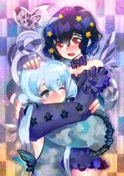 Rule 34 | 10s, 2girls, backless outfit, bad id, bad twitter id, black hair, blush, butterfly wings, closed mouth, collar, flower, grey eyes, hair flower, hair ornament, hair ribbon, hakkasame, hand on another&#039;s head, heart, highres, hug, insect wings, konno junko, long hair, long sleeves, low twintails, mizuno ai, multiple girls, one eye closed, open mouth, red eyes, ribbon, short hair, silver hair, smile, twintails, wings, yuri, zombie land saga