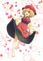 Rule 34 | 1girl, aki minoriko, apron, autumn leaves, barefoot, black skirt, blonde hair, blush, breasts, commentary request, dutch angle, food, fruit, full body, grapes, hat, leaf, leaf background, long sleeves, looking at viewer, maple leaf, medium breasts, mob cap, open mouth, red apron, red eyes, red hat, shirt, short hair, skirt, skirt basket, skirt hold, smile, solo, tanasuke, toes, touhou, wide sleeves, yellow shirt