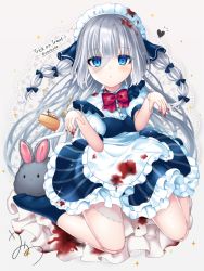 Rule 34 | 1girl, :o, apron, blood, blood on clothes, blue bow, blue dress, blue ribbon, blue socks, blush, bow, bowtie, breasts, cake, cake slice, collared shirt, commentary, doily, doll joints, dress, dress shirt, food, fork, frilled apron, frills, grey background, grey hair, hair bow, hair ribbon, heart, joints, long hair, looking at viewer, maid, maid headdress, no shoes, original, parted lips, puffy short sleeves, puffy sleeves, red bow, red bowtie, ribbon, shirt, short sleeves, signature, sitting, small breasts, socks, soles, solo, sparkle, stitches, trick or treat, twitter username, umino (umino00), very long hair, waist apron, wariza, white apron, white shirt