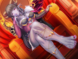 Rule 34 | 1girl, barefoot, blue skin, breasts, cleavage, colored skin, crossed legs, demon girl, demon horns, demoness marionette, dutch angle, feet, fingernails, foreshortening, grey hair, horns, jewelry, lipstick, long fingernails, long hair, looking at viewer, makeup, nail polish, necklace, official art, pink nails, red curtains, red eyes, red nails, sitting, skull, solo, throne, toes