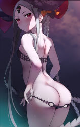 Rule 34 | 1girl, abigail williams (fate), abigail williams (swimsuit foreigner) (fate), abigail williams (swimsuit foreigner) (first ascension) (fate), absurdres, ass, back, bare arms, bare shoulders, bikini, bikini pull, black bikini, black bow, black headwear, bow, breasts, butt crack, clothes pull, colored skin, cowboy shot, double bun, fate/grand order, fate (series), forehead, from behind, grin, hair bun, highres, keyhole, long hair, looking at viewer, multiple bows, orange bow, parted bangs, pink eyes, sidelocks, silver hair, simple background, small breasts, smile, swimsuit, thighs, third eye, two-tone headwear, very long hair, viral1112, white skin
