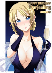 Rule 34 | 1girl, artist logo, blonde hair, blue dress, blue eyes, blue gloves, blush, braid, breasts, champagne flute, character name, cleavage, closed mouth, commentary, cup, darjeeling (girls und panzer), dated, dress, drinking glass, earrings, english text, formal, girls und panzer, gloves, hand on own face, happy birthday, highres, holding, holding cup, hoop earrings, ichijou takakiyo, jewelry, large breasts, looking at viewer, outside border, shawl, short hair, smile, solo, swept bangs, twin braids, upper body