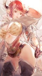Rule 34 | 1girl, animal ears, animal print, armor, belt, bikini, breasts, breasts out, cleavage, cloak, cow ears, cowboy shot, draph, dual wielding, earrings, gloves, granblue fantasy, holding, holding weapon, horns, jewelry, large breasts, leopard print, leotard, multiple swords, nishikiya, red hair, short hair, standing, sturm (granblue fantasy), swimsuit, sword, thighhighs, thighs, weapon, yellow eyes