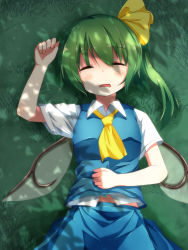 Rule 34 | 1girl, bad id, bad pixiv id, closed eyes, daiyousei, dappled sunlight, fairy wings, grass, green hair, hair ribbon, hand on own stomach, highres, lying, on back, on ground, pokio, ribbon, short hair, short sleeves, side ponytail, solo, sunlight, touhou, wings