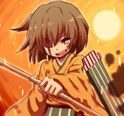 Rule 34 | 10s, 1girl, blood, bow (weapon), brown eyes, brown hair, hiryuu (kancolle), injury, japanese clothes, kantai collection, one eye closed, one side up, open mouth, personification, ponytail, short hair, side ponytail, smoke, solo, taiga mahoukan, torn clothes, weapon, wink