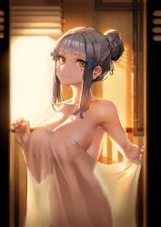 Rule 34 | 1girl, absurdres, backlighting, bad id, bad twitter id, blunt bangs, blush, breasts, cleavage, closed mouth, covering privates, eyebrows hidden by hair, facial mark, girls&#039; frontline, green eyes, hair bun, hair ornament, hair ribbon, hand up, highres, hk416 (girls&#039; frontline), holding, holding towel, ihobus, indoors, light particles, long hair, looking at viewer, medium breasts, naked towel, nude cover, ribbon, see-through silhouette, sidelocks, silver hair, single hair bun, smile, solo, sunset, teardrop, towel, very long hair