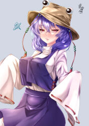 Rule 34 | 1girl, :/, absurdres, breasts, closed mouth, cosplay, cowboy shot, grey background, highres, large breasts, looking at viewer, medium hair, mononobe kanako, moriya suwako, moriya suwako (cosplay), purple hair, purple skirt, purple vest, red eyes, ribbon-trimmed sleeves, ribbon trim, shirt, signature, simple background, skirt, sleeves past fingers, sleeves past wrists, solo, squiggle, standing, touhou, vest, white shirt, yasaka kanako