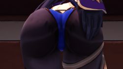Rule 34 | 1girl, 3d, artist request, ass, bent over, breasts, detached sleeves, elbow gloves, from behind, genshin impact, gloves, hand on ass, highres, huge ass, leaning, leaning forward, leotard, long hair, looking at viewer, looking back, mona (genshin impact), pantyhose, purple hair, solo, thighlet, twintails, very long hair
