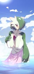 Rule 34 | 1girl, absurdres, bikini, blue sky, blush, bob cut, breasts, cleavage, cloud, cloudy sky, commentary request, covered erect nipples, creatures (company), day, game freak, gardevoir, gen 3 pokemon, green hair, hair over one eye, highres, huge breasts, navel, nintendo, no nose, nose blush, ocean, personification, pokemon, pokemon (creature), puk (higanbana doujin), red eyes, sarong, short hair, sky, solo, spaghetti strap, strap gap, swimsuit, thigh gap, wading, water, white bikini