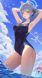 Rule 34 | 2girls, absurdres, animal ear fluff, animal ears, bare shoulders, beach, bikini, black one-piece swimsuit, blue-tinted eyewear, blue archive, blue eyes, blue halo, blue sky, blush, breasts, closed eyes, cloud, competition swimsuit, covered navel, cowboy shot, cross, cross hair ornament, day, extra ears, eyewear on head, frilled bikini, frills, grey hair, hair ornament, halo, highleg, highleg swimsuit, highres, hoshino (blue archive), hoshino (swimsuit) (blue archive), inverted cross, long hair, looking at viewer, medium breasts, medium hair, mismatched pupils, multicolored clothes, multicolored swimsuit, multiple girls, ocean, official alternate costume, one-piece swimsuit, open mouth, outdoors, partially submerged, pink hair, pink halo, pongdo, shiroko (blue archive), shiroko (swimsuit) (blue archive), sky, standing, sunglasses, swimsuit, tinted eyewear, two-tone swimsuit, water, wet, wet clothes, wet hair, white-framed eyewear, white bikini, wolf ears