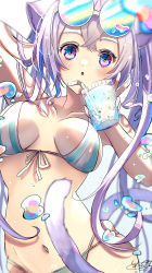 Rule 34 | 1girl, :o, animal ears, arm behind head, bent over, bikini, blue-tinted eyewear, breasts, cat ears, cat girl, cat tail, chita (ketchup), commentary request, cup, drinking glass, eyewear on head, front-tie bikini top, front-tie top, grey background, hands up, highres, holding, holding cup, large breasts, long hair, looking at viewer, navel, original, parted lips, purple eyes, purple hair, round eyewear, signature, solo, swimsuit, tail, tinted eyewear, v, very long hair, white background, white bikini