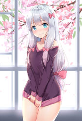 Rule 34 | 10s, 1girl, 3:, backlighting, bad id, bad pixiv id, blue eyes, blush, bow, cherry blossoms, closed mouth, collarbone, cowboy shot, douya (233), eromanga sensei, hair bow, indoors, izumi sagiri, long hair, long sleeves, looking at viewer, nervous smile, off shoulder, pink bow, silver hair, smile, solo, standing, thigh gap, thighs, v-neck
