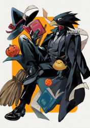 Rule 34 | 1boy, \||/, alternate costume, animal head, artist name, bird, black gloves, black pants, black shirt, black vest, boku no hero academia, book, broom, candy, coat, coat on shoulders, commentary request, crossed legs, duck, food, gloves, halloween, halloween bucket, hat, holding, holding book, holding candy, holding food, holding lollipop, invisible chair, kadeart, lollipop, male focus, necktie, open book, pants, paper, red eyes, shirt, sitting, solo, thai commentary, tokoyami fumikage, vest, white necktie, witch hat