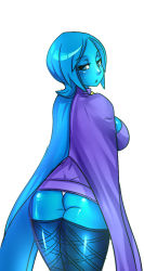 Rule 34 | 1girl, alternate breast size, alternate legwear, ass, black thighhighs, blue eyes, blue hair, blue skin, breasts, cape, colored skin, fi (zelda), flat ass, from behind, gem, large breasts, maniacpaint, matching hair/eyes, nintendo, no arms, out of character, panties, pantyshot, sideboob, solo, the legend of zelda, the legend of zelda: skyward sword, thighhighs, underwear, white panties