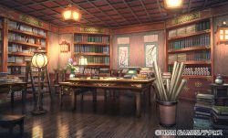 Rule 34 | ayakashi rumble!, book, bookshelf, ceiling, chair, copyright request, desk, fantasy, game cg, hanging scroll, indoors, ladder, lamp, no humans, official art, reflection, scenery, scroll, shiki makoto, stepladder, table, urn, vase, watermark, wooden floor