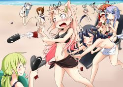 Rule 34 | 10s, 6+girls, ahoge, alternate costume, beach, black hair, blonde hair, braid, brown hair, censored, convenient censoring, crescent, crescent hair ornament, crying, crying with eyes open, expressive hair, fang, folded ponytail, hair flaps, hair ornament, hairclip, hamakaze (kancolle), hibiki (kancolle), i-8 (kancolle), inazuma (kancolle), kantai collection, long hair, multiple girls, musical note, nose bubble, nude, one-piece swimsuit, orange hair, pink hair, purple hair, quaver, red eyes, remodel (kantai collection), ribbon, sarong, satsuki (kancolle), school swimsuit, shigure (kancolle), shimakaze (kancolle), silver hair, single braid, sokutenkun, swimsuit, tears, topfreedom, topless, torpedo, uzuki (kancolle), white school swimsuit, white one-piece swimsuit, yayoi (kancolle), yuudachi (kancolle), zzz