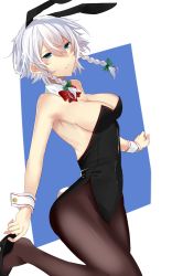 Rule 34 | 1girl, adjusting clothes, adjusting shoe, alternate costume, animal ears, armpits, bare shoulders, black footwear, black pantyhose, blue eyes, bow, bowtie, braid, breasts, cleavage, covered navel, detached collar, fake animal ears, green bow, hair bow, highres, izayoi sakuya, large breasts, leotard, looking at viewer, medium breasts, onineko-chan, pantyhose, playboy bunny, rabbit ears, rabbit tail, red bow, red bowtie, shoes, short hair, sideboob, silver hair, solo, tail, touhou, twin braids, wrist cuffs