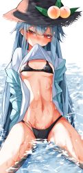 Rule 34 | 1girl, absurdres, adapted costume, blue hair, blush, breasts, cowboy shot, eyebrows hidden by hair, hair behind ear, hair between eyes, hat, head tilt, highres, hinanawi tenshi, jacket, lifting own clothes, long hair, mouth hold, off shoulder, partially submerged, red eyes, shirt, simple background, sitting, small breasts, solo, touhou, tsune (tune), very long hair, water, white background, white shirt