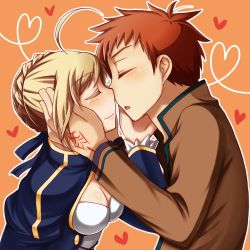 Rule 34 | 1boy, 1girl, ahoge, artoria pendragon (fate), blonde hair, blush, breasts, cleavage, cleavage cutout, clothing cutout, couple, emiya shirou, closed eyes, fate/stay night, fate/zero, fate (series), hair ribbon, hand on another&#039;s face, heart, noses touching, red hair, ribbon, saber (fate), school uniform, tattoo, uniform