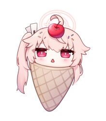 Rule 34 | 1girl, absurdres, blue archive, blush, cherry, food, food on head, fruit, fruit on head, halo, highres, ice cream cone, long hair, looking at viewer, mang, natsu (blue archive), object on head, open mouth, pink hair, pink halo, red eyes, side ponytail, simple background, solo, white background