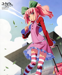 Rule 34 | 00s, 1girl, absurdres, anya alstreim, blush, bow, candy, charamel, code geass, dress, food, hair bow, highres, leaf, lollipop, luggage, non-web source, official art, pink hair, ponytail, red eyes, rolling suitcase, solo, striped clothes, striped thighhighs, suitcase, swirl lollipop, thighhighs, tokyo big sight, tongue, watanabe akio