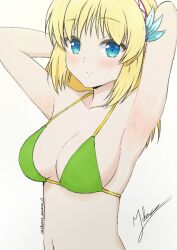 Rule 34 | 1girl, armpit focus, armpits, artist name, blonde hair, breasts, cayna (leadale no daichi nite), cleavage, elf, leadale no daichi nite, looking at viewer, medium breasts, navel, pointy ears, signature, simple background, solo, swimsuit, white background