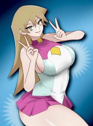 Rule 34 | 1girl, absurdres, ageage 893, blonde hair, blue background, breasts, cosplay, double v, highres, large breasts, long hair, looking at viewer, mizuki kotori (yu-gi-oh!), mizuki kotori (yu-gi-oh!) (cosplay), parted lips, pink skirt, pleated skirt, sideboob, skirt, smile, solo, tenjouin asuka, thick thighs, thighs, v, yellow eyes, yu-gi-oh!, yu-gi-oh! gx, yu-gi-oh! zexal