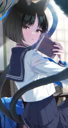 Rule 34 | 1girl, absurdres, animal ears, black choker, black eyes, black hair, black nails, black ribbon, black skirt, blue archive, blue halo, blue sailor collar, blush, book, cat ears, cat tail, choker, commentary request, halo, highres, holding, holding book, kikyou (blue archive), long sleeves, looking at viewer, momomoi momoi, multiple tails, pleated skirt, ribbon, ribbon choker, sailor collar, school uniform, serafuku, shirt, sitting, skirt, solo, tail, white shirt