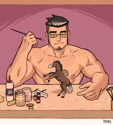 Rule 34 | 1boy, absurdres, artist name, bara, black hair, closed mouth, eyebrow cut, facial hair, glasses, helbai, highres, holding, holding paintbrush, large pectorals, male focus, muscular, muscular male, nipples, original, paintbrush, pectorals, short hair, smile, solo, table, wooden horse