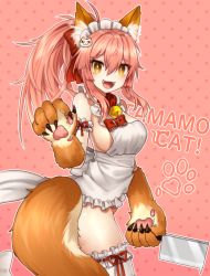 Rule 34 | 1girl, animal ear fluff, animal ears, animal hands, apron, bell, blush, breasts, cat hair ornament, cat paws, character name, collar, fangs, fate/grand order, fate (series), fox ears, fox girl, fox tail, gloves, hair ornament, hair ribbon, jingle bell, large breasts, long hair, looking at viewer, looking to the side, maid headdress, naked apron, neck bell, open mouth, paw gloves, pink hair, ponytail, red ribbon, ribbon, sideboob, solo, tail, tamamo (fate), tamamo cat (fate), tamamo cat (third ascension) (fate), yellow eyes