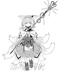Rule 34 | 1girl, absurdres, animal ear fluff, animal ears, arknights, bare shoulders, braid, braided hair rings, commentary, ddari, fox ears, fox girl, fox tail, full body, greyscale, hair between eyes, hair rings, hairband, highres, holding, holding staff, kitsune, kyuubi, looking at viewer, material growth, monochrome, multiple tails, open mouth, oripathy lesion (arknights), pantyhose, pleated skirt, shirt, shoes, simple background, skirt, solo, staff, standing, suzuran (arknights), tail, twin braids, white background