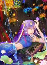 Rule 34 | 1girl, armlet, blue butterfly, blue skirt, blurry, bracelet, bud, bug, butterfly, butterfly on hand, coin (ornament), colorful, cowboy shot, curtains, depth of field, dutch angle, fate/grand order, fate (series), fingernails, flower, from side, glowing butterfly, hair ornament, hair ribbon, hand on own arm, hand up, head chain, highres, indian clothes, insect, jewelry, lantern, leaf, long fingernails, long hair, lotus, lying, matou sakura, midriff, nail polish, on stomach, parted lips, parvati (fate), pillow, pink nails, purple butterfly, purple eyes, purple hair, ribbon, see-through, short sleeves, skirt, skirt set, solo, tassel, veil, water, water drop, waterfall, yellow butterfly, yuki mami