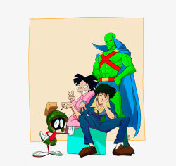 Rule 34 | 1girl, 3boys, alien, amy wong, black hair, blue cape, brown footwear, cape, cigarette, cowboy bebop, crossover, dc comics, futurama, hand on own hip, hands on own hips, highres, looney tunes, martian manhunter, marvin the martian, multiple boys, rafael cr, sitting, spike spiegel, toon (style), trait connection, v