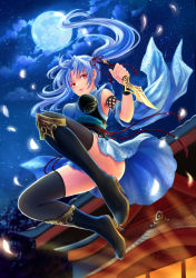 Rule 34 | 1girl, absurdres, black thighhighs, blue hair, blush, boots, cloud, cloudy sky, convenient leg, fishnets, full moon, high heel boots, high heels, highres, japanese clothes, jumping, knife, legs, long hair, long legs, looking at viewer, moon, night, night sky, ninja, original, petals, red eyes, reverse grip, shoes, sky, solo, syrinxwell311, thighhighs, thighs, twintails, weapon, wristband