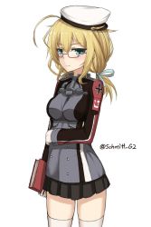 Rule 34 | 10s, 1girl, blonde hair, blue eyes, book, breasts, cosplay, cross, glasses, gloves, hat, highres, i-8 (kancolle), iron cross, kantai collection, large breasts, long sleeves, looking at viewer, microskirt, military, military uniform, peaked cap, prinz eugen (kancolle), prinz eugen (kancolle) (cosplay), simple background, skirt, smile, solo, thighhighs, twitter username, uniform, white background, white gloves, yakob labo