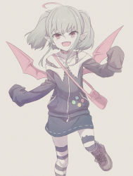 Rule 34 | 1girl, :d, ahoge, asymmetrical legwear, badge, bag, boots, button badge, collar, collarbone, commentary request, demon girl, demon wings, foot out of frame, grey hair, highres, jacket, jewelry, long sleeves, looking at viewer, makaino ririmu, medium hair, miniskirt, mismatched legwear, multicolored hair, necklace, nijisanji, off-shoulder jacket, off shoulder, open mouth, pointy ears, red collar, red eyes, red hair, sabamen, shoulder bag, simple background, skirt, sleeves past fingers, sleeves past wrists, smile, solo, standing, standing on one leg, strap slip, streaked hair, striped clothes, striped thighhighs, thighhighs, twintails, virtual youtuber, wings, zettai ryouiki