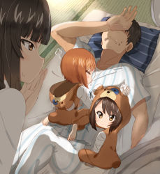 Rule 34 | 10s, 1boy, 3girls, aged down, arm on own head, barefoot, bed sheet, black hair, boko (girls und panzer), boko (girls und panzer) (cosplay), brown hair, cosplay, covering own eyes, covering own mouth, family, father and daughter, futon, girls und panzer, hitoshi suda, husband and wife, kigurumi, mother and daughter, multiple girls, nishizumi maho, nishizumi miho, nishizumi shiho, nishizumi tsuneo, pajamas, pillow, siblings, sisters, under covers, waking another, waking up