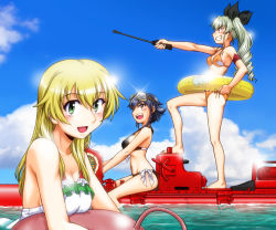 Rule 34 | 10s, 3girls, anchovy (girls und panzer), anglerfish, bikini, black bikini, black hair, blonde hair, blush, boat, braid, breasts, brown eyes, carpaccio (girls und panzer), casual one-piece swimsuit, cleavage, cloud, day, drill hair, eyebrows, fish, from side, front-tie top, girls und panzer, goggles, goggles on head, green eyes, grin, hair ribbon, holding, inflatable toy, innertube, italian flag, large breasts, long hair, looking at viewer, medium breasts, multiple girls, ocean, one-piece swimsuit, oosaka kanagawa, open mouth, orange bikini, outdoors, pepperoni (girls und panzer), ribbon, riding crop, short hair, side-tie bikini bottom, side braid, sitting, sky, smile, standing, straddling, strap gap, swim ring, swimsuit, twin drills, twintails, wading, watercraft, white one-piece swimsuit
