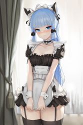 Rule 34 | 1girl, absurdres, alternate costume, animal ears, apron, ayaka (genshin impact), bell, black dress, black thighhighs, blue eyes, blue hair, blunt bangs, blush, breasts, cat ears, closed mouth, collarbone, cowboy shot, curtains, dolri, dress, enmaided, fake animal ears, frilled dress, frills, full-face blush, garter straps, genshin impact, highres, holding, holding tray, jingle bell, light blue hair, long hair, looking at viewer, maid, maid apron, maid headdress, neck bell, neck garter, ponytail, short dress, sidelocks, small breasts, smile, solo, thighhighs, thighs, tray, wrist cuffs