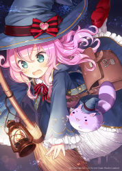 Rule 34 | 1girl, alteil neo, bag, blue hat, blue jacket, blue skirt, blush, bow, broom, character request, collared shirt, commentary request, frilled skirt, frilled sleeves, frills, green eyes, hair between eyes, hat, hat bow, heart, jacket, kiira, lantern, long hair, long sleeves, mary janes, open clothes, pantyhose, pink hair, pink sweater, red bow, red footwear, shirt, shoe soles, shoes, shoulder bag, skirt, sleeves past wrists, solo, striped, striped bow, sweater, watermark, white pantyhose, white shirt, wide sleeves, witch hat