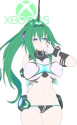 Rule 34 | 1girl, armor, bare shoulders, blue eyes, breasts, covered erect nipples, crop top, green hair, green heart (neptunia), headgear, highres, horns, large breasts, long hair, navel, neptune (series), next green, power symbol, power symbol-shaped pupils, shin jigen game neptune vii, simple background, single horn, solo, symbol-shaped pupils, up (mmmmmmmmss), very long hair, white background