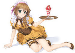 Rule 34 | 1girl, alternate costume, aqua eyes, arm support, baba konomi, blush, bow, bow choker, bowtie, braid, breasts, bridal garter, brown bow, brown footwear, brown hair, choker, coco&#039;s, commentary request, dress, enmaided, food, fruit, full body, glint, hair over shoulder, hair ribbon, high heels, holding, holding tray, ice cream, idolmaster, idolmaster million live!, layered skirt, light blush, looking at viewer, maid, maid headdress, miri (ago550421), pink ribbon, pleated dress, puffy short sleeves, puffy sleeves, ribbon, shadow, short sleeves, sidelocks, signature, simple background, sitting, skirt, small breasts, smile, solo, spoon, strawberry, sundae, thigh strap, tray, waitress, white background, yellow choker, yellow dress, yokozuwari