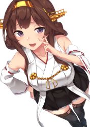 Rule 34 | 1girl, absurdres, ahoge, bare shoulders, black skirt, black thighhighs, breasts, brown hair, collarbone, detached sleeves, double bun, finger to mouth, hair bun, hand on own hip, headgear, highres, hinacalibur, japanese clothes, kantai collection, kongou (kancolle), kongou kai ni (kancolle), large breasts, long hair, looking at viewer, nontraditional miko, open mouth, pleated skirt, purple eyes, ribbon-trimmed sleeves, ribbon trim, simple background, skirt, solo, standing, thighhighs, v, white background