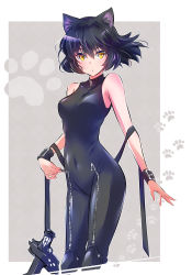 Rule 34 | 1girl, :o, absurdres, animal ears, bare shoulders, black hair, blake belladonna, bodysuit, border, breasts, cat ears, combination weapon, commentary request, covered navel, cropped legs, floating hair, gambol shroud, highres, iesupa, knee pads, medium breasts, paw print, paw print background, pistol sword, ribbon, rwby, short hair, sleeveless, slit pupils, solo, weapon, white border, wristband, yellow eyes, zipper