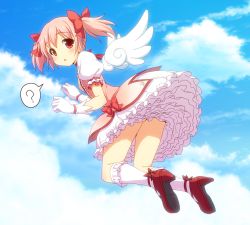 Rule 34 | 10s, 1girl, ?, blue sky, choker, cloud, day, flying, gloves, kaname madoka, looking back, magical girl, mahou shoujo madoka magica, mahou shoujo madoka magica (anime), pink eyes, pink hair, short hair, sky, solo, white gloves, wings, yamasan